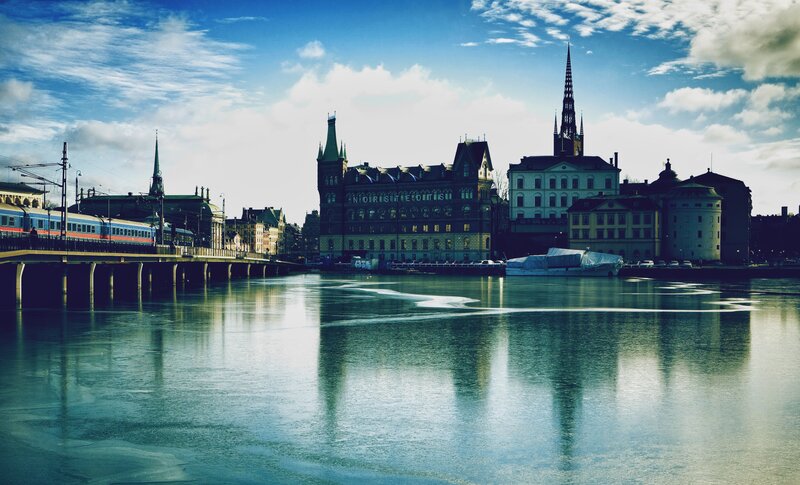 Cityscape with frozen river