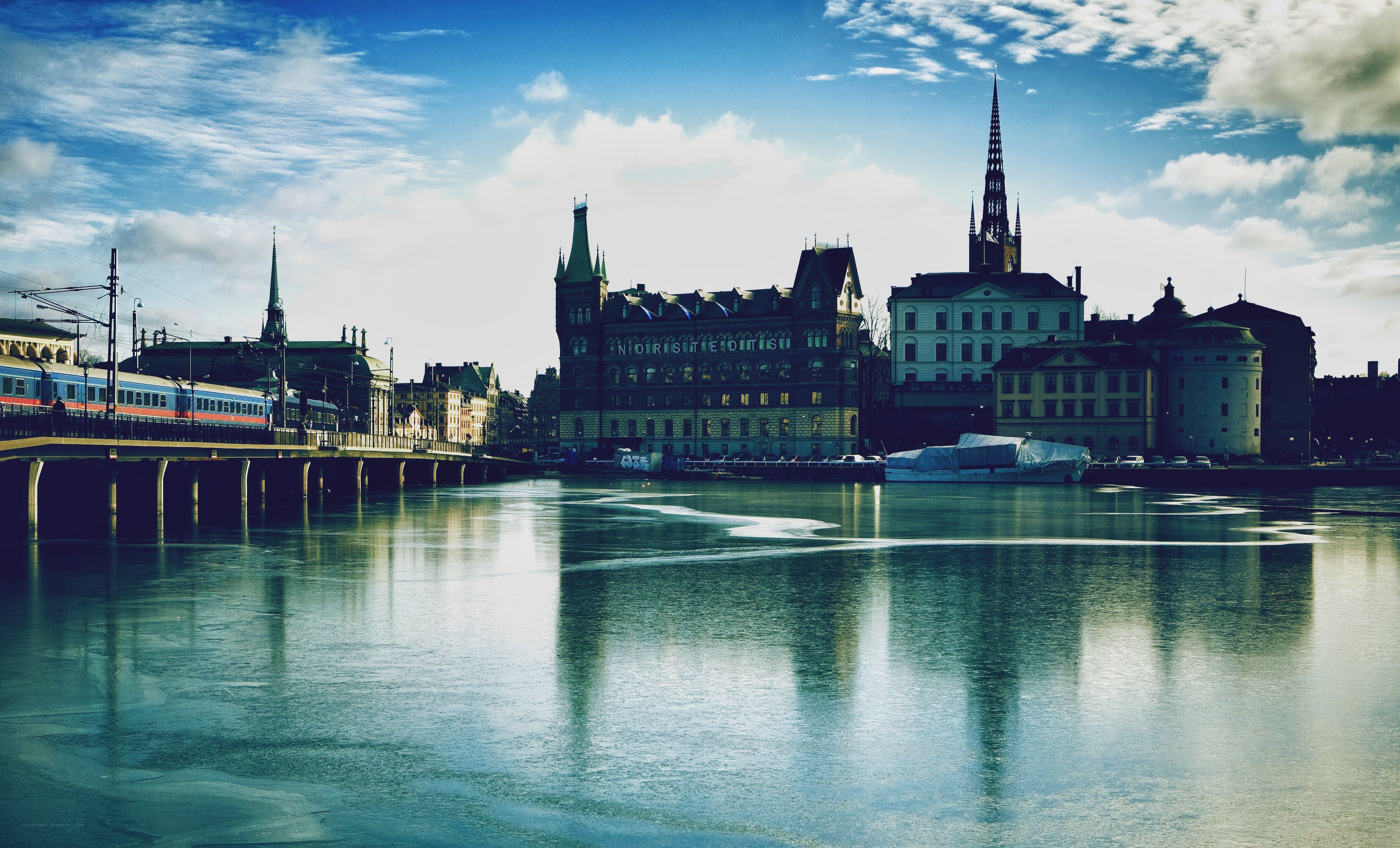 Cityscape with frozen river