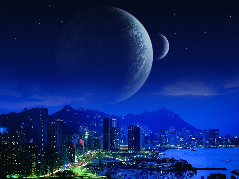 Cityscape with giant planets