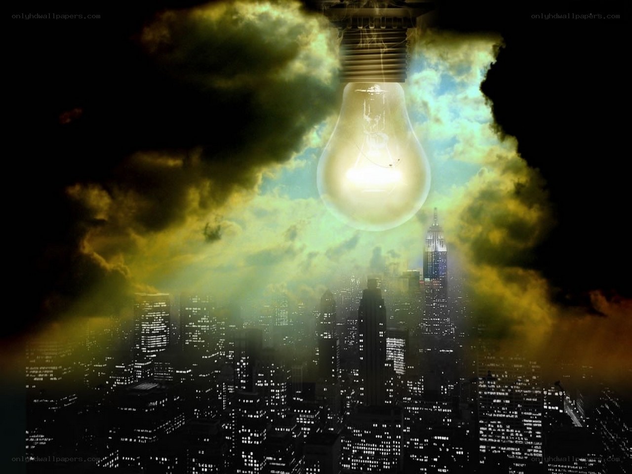 Cityscape with glowing light bulb