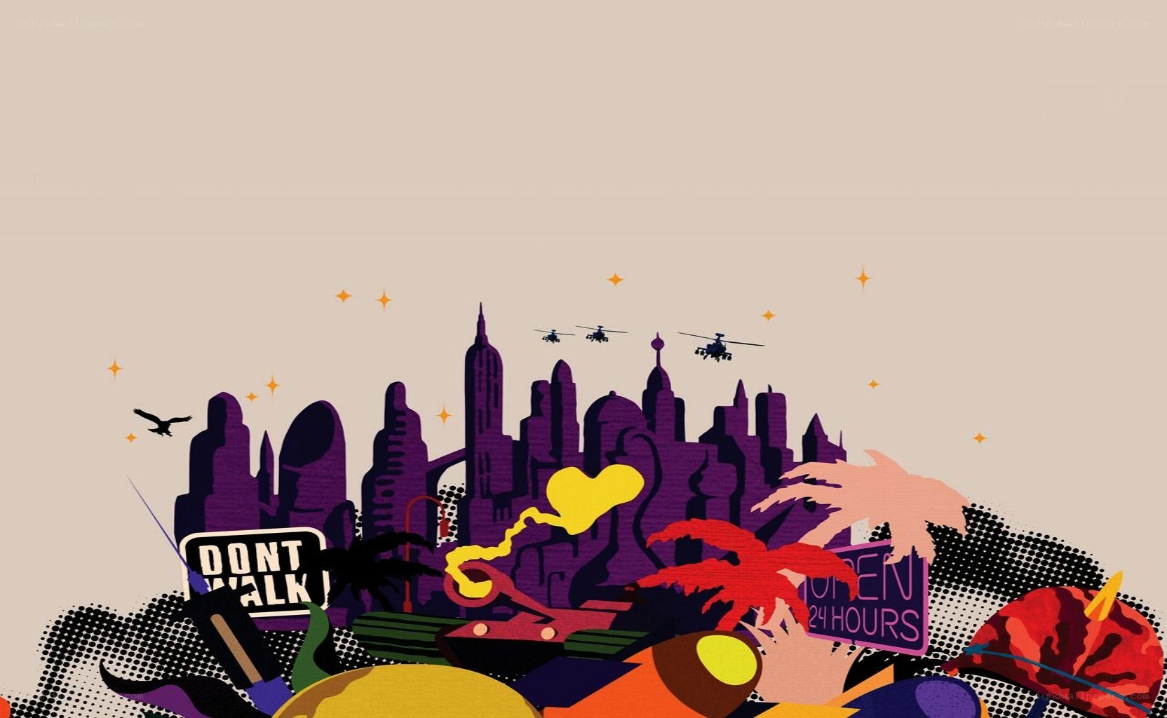 cityscape with helicopters and signs