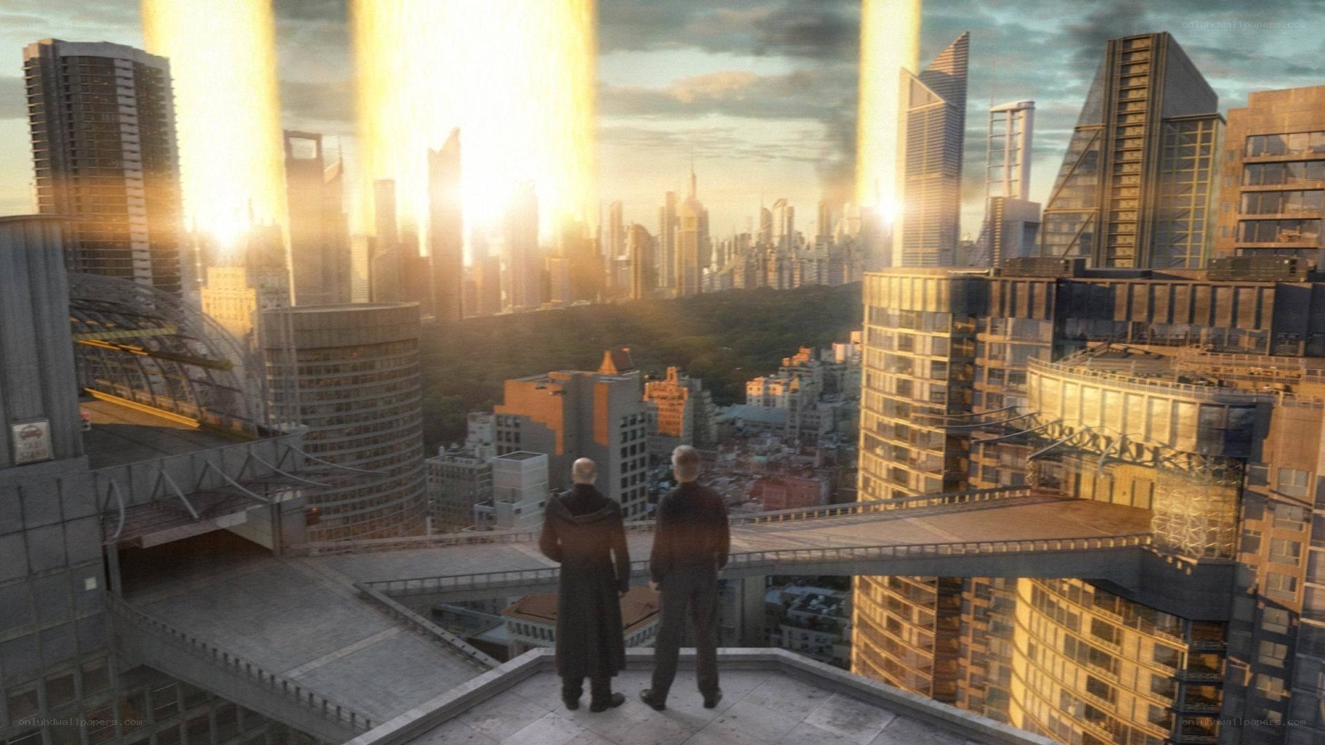 cityscape with light beams