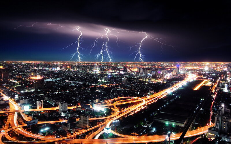 Cityscape with Lightning — Black, Dramatic