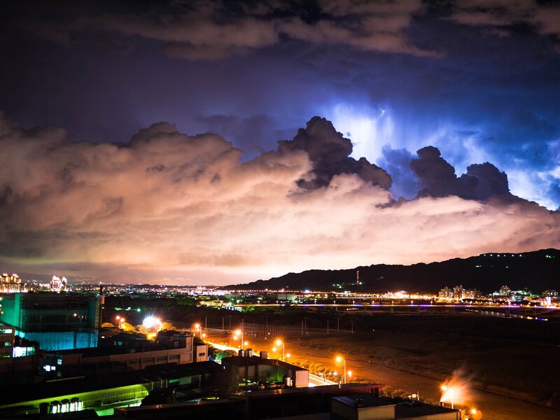 Cityscape with Lightning — Blue, Dramatic, Night, Photograph