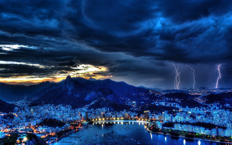 Cityscape with Lightning — Blue, Dramatic, Night