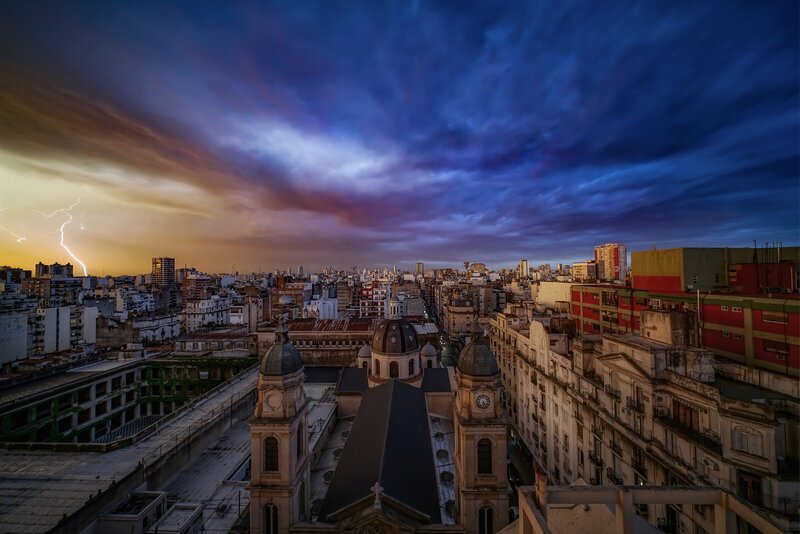 Cityscape with Lightning — Blue, Dramatic, Sunset