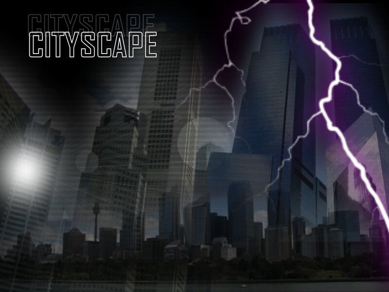 Cityscape with lightning storm