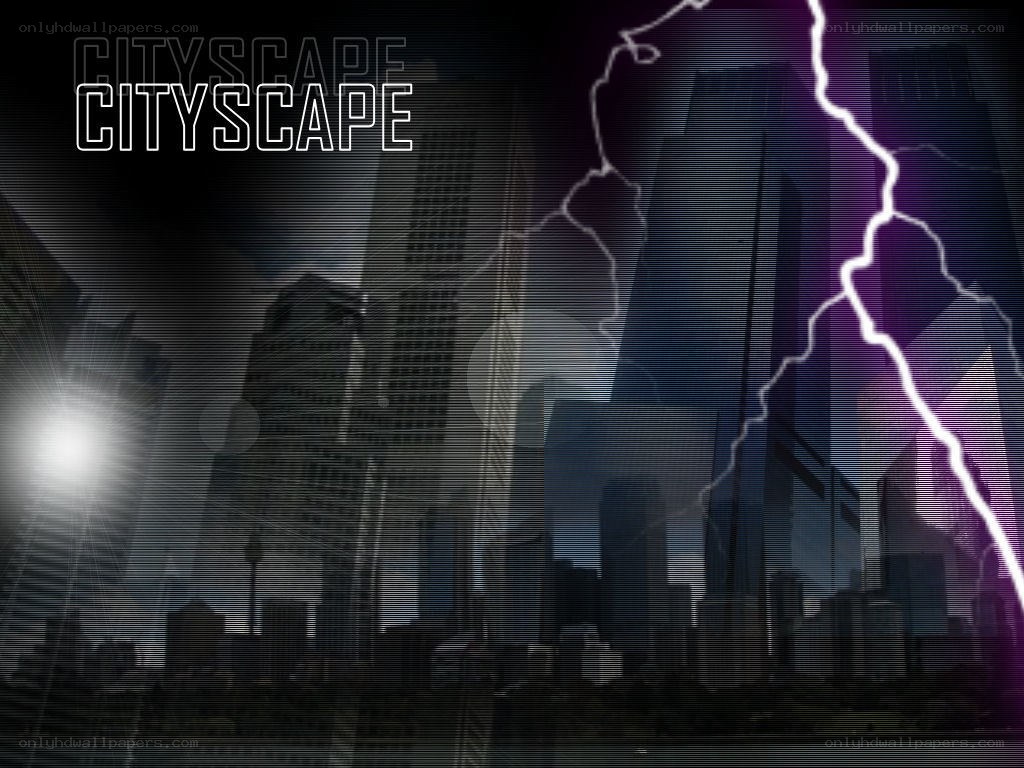 Cityscape with lightning storm