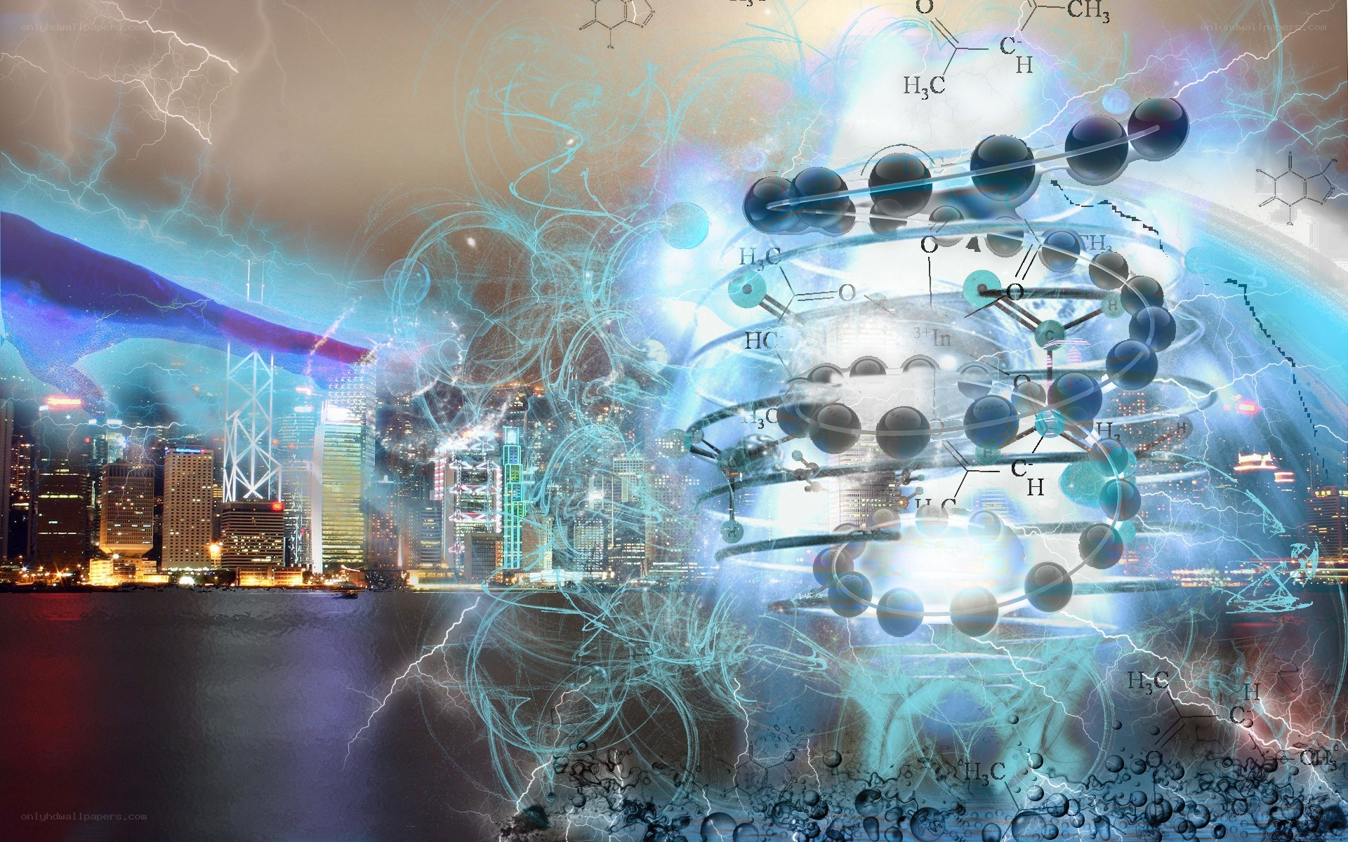 Cityscape with molecular structures