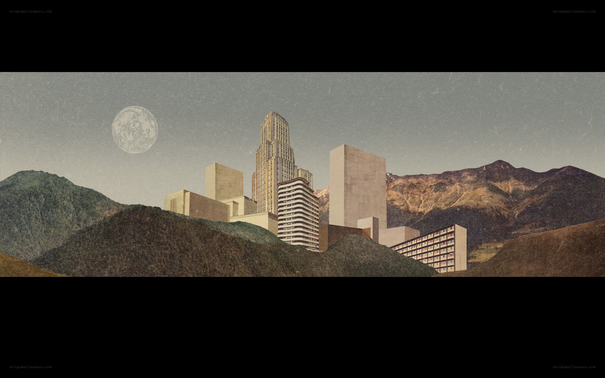 Cityscape with moon and mountains