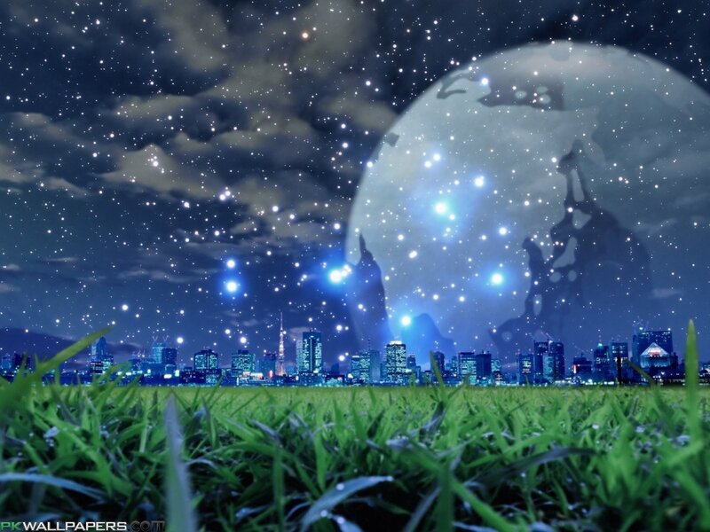 Cityscape with Moon — Blue
