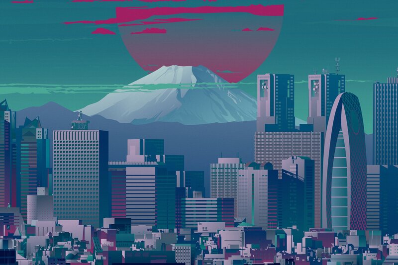 Cityscape with Mountain — Teal