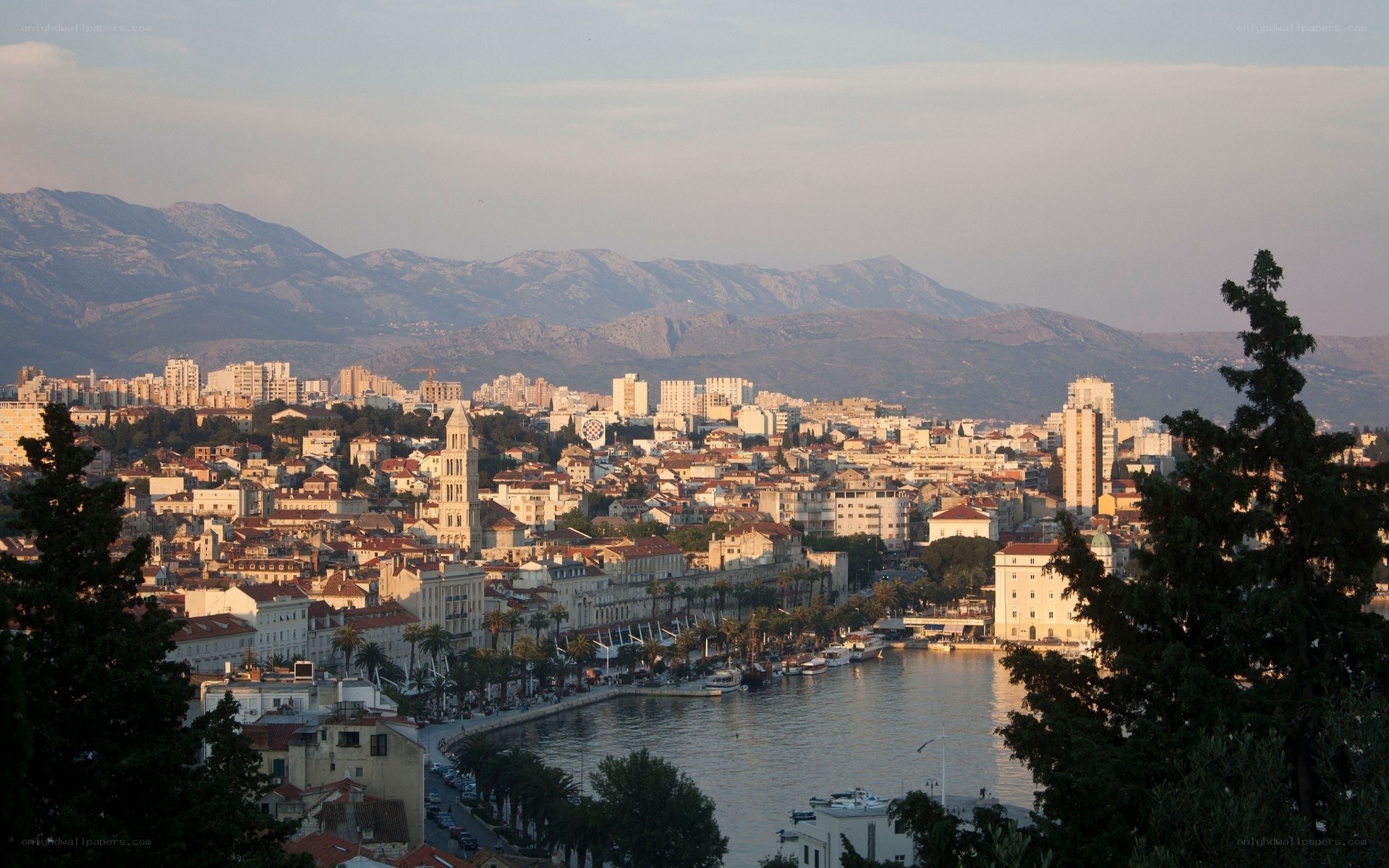 cityscape with mountains and harbor