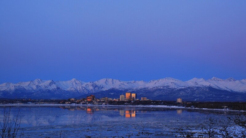Cityscape with Mountains — Blue, Serene, Night