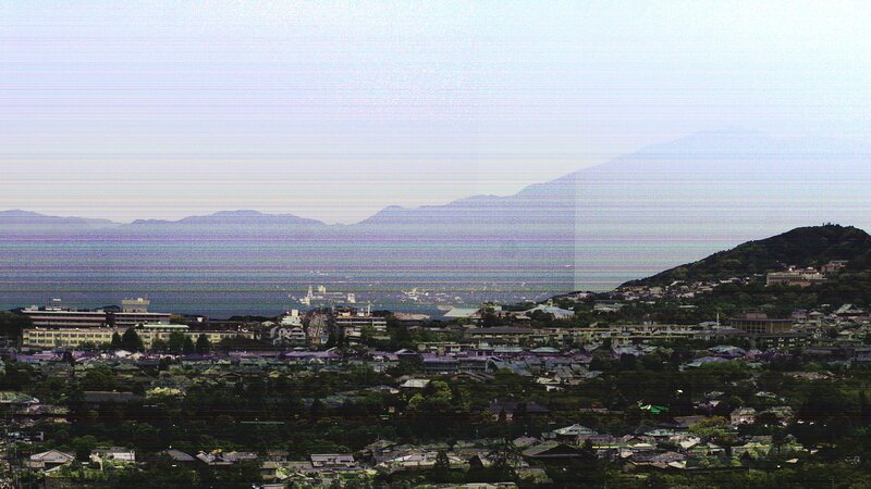 Cityscape with Mountains — Green, Hazy, Photograph