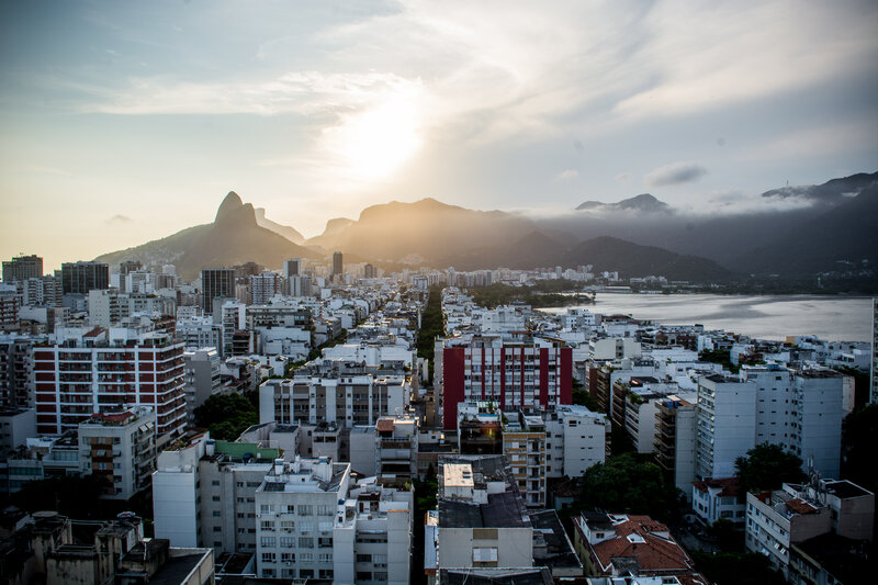 Cityscape with Mountains — White, Serene