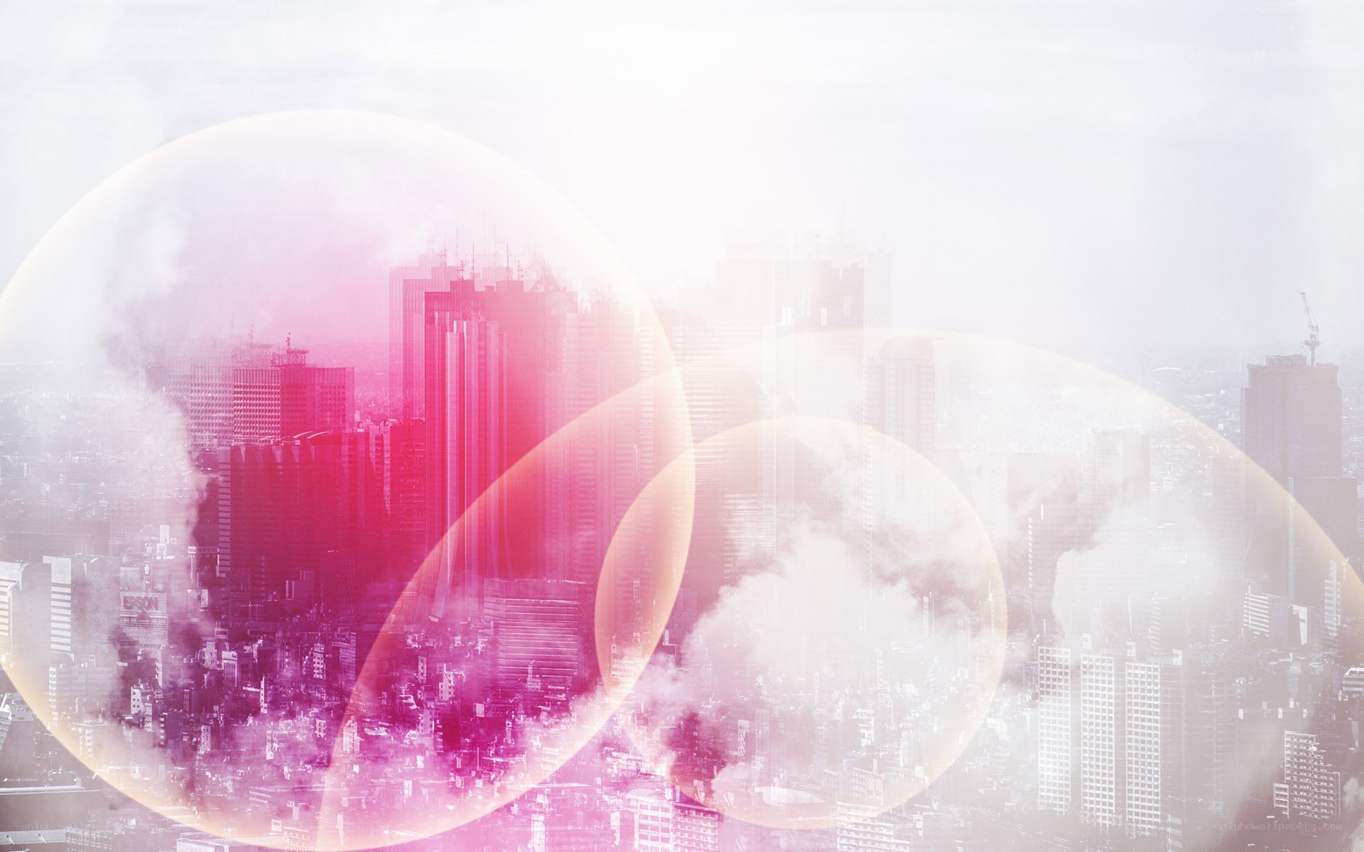 cityscape with pink bubbles
