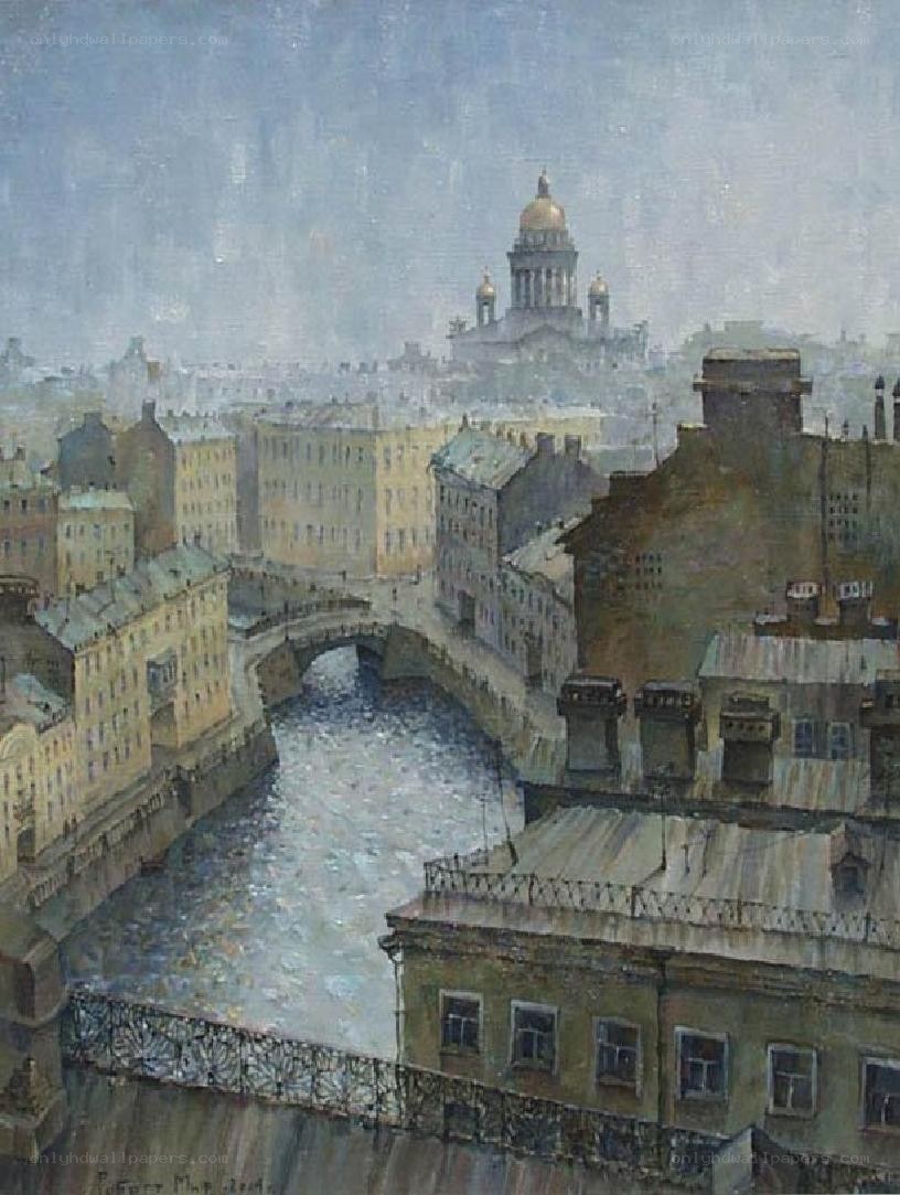 Cityscape with River and Bridge
