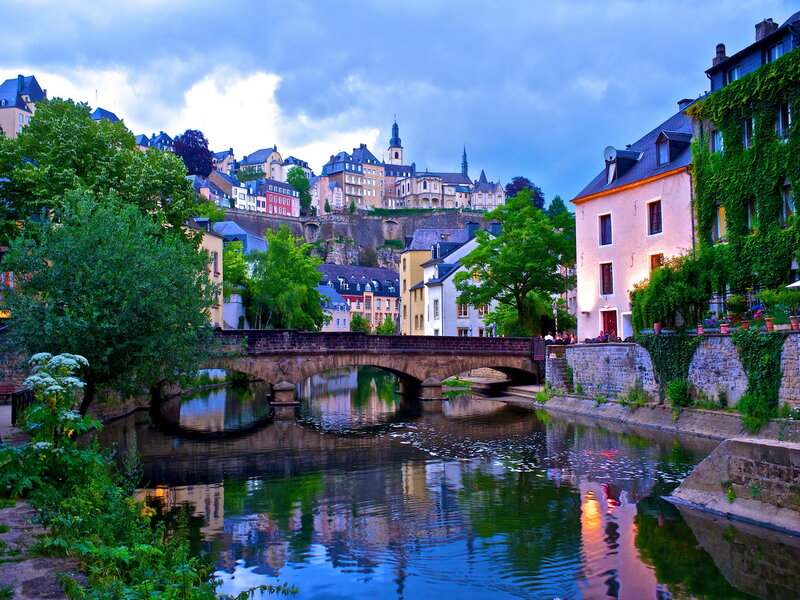 Cityscape with River and Bridge — Blue, Serene