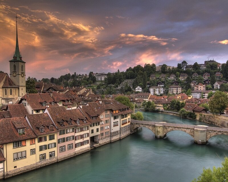 Cityscape with River and Bridge — Blue