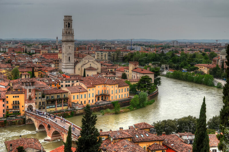 Cityscape with River and Bridge — Brown