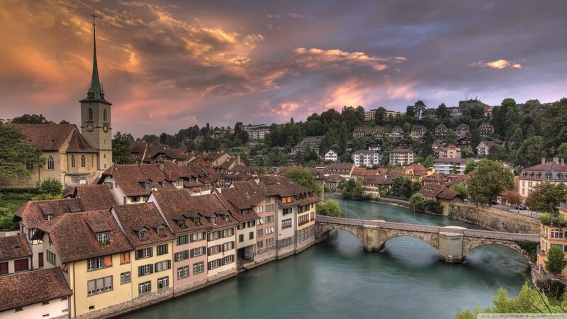Cityscape with River and Bridge — Orange