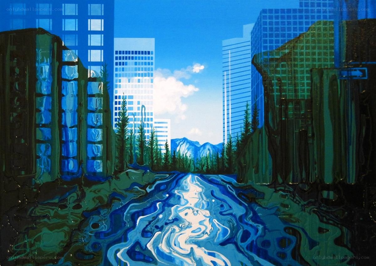 Cityscape with river and mountains