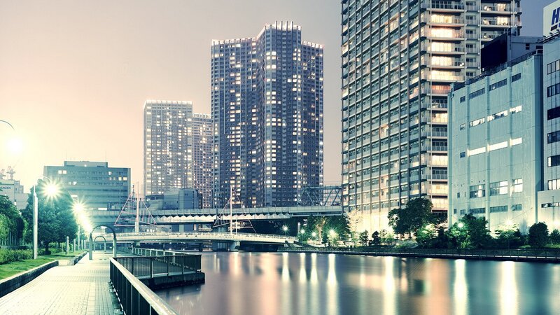 Cityscape with River — Blue, Calm, Night