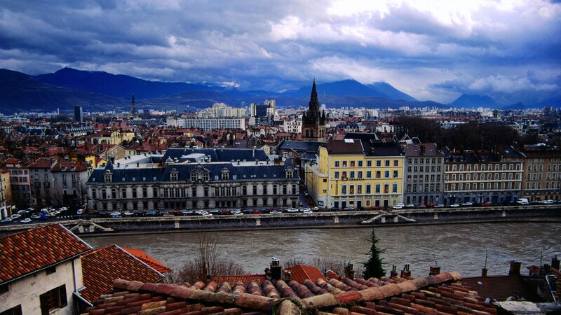 Cityscape with River — Blue, Dramatic, Photograph