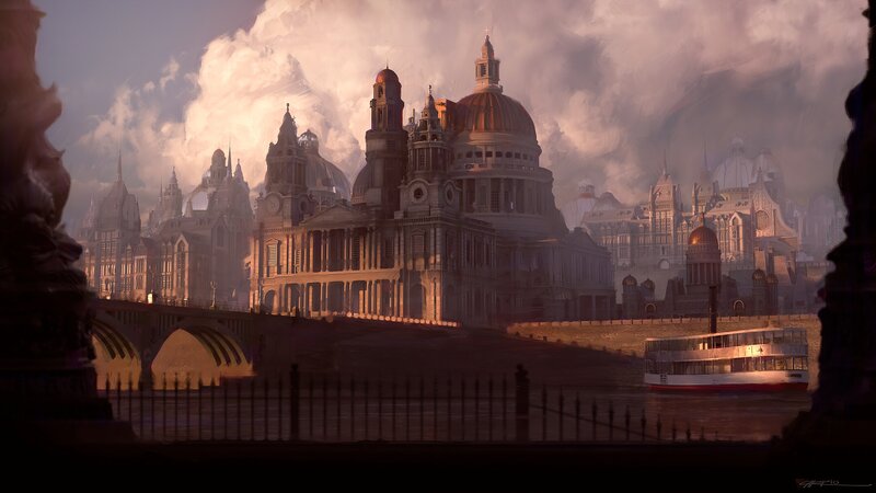 Cityscape with River — Brown, Dramatic