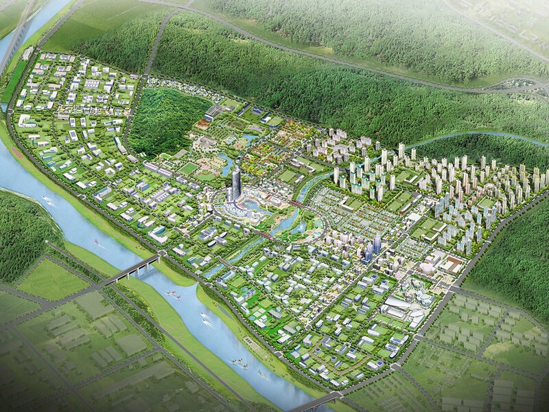 Cityscape with River — Green, Serene, Afternoon, 3d Render