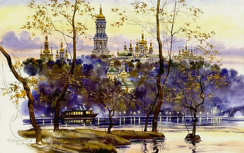 Cityscape with River — Purple
