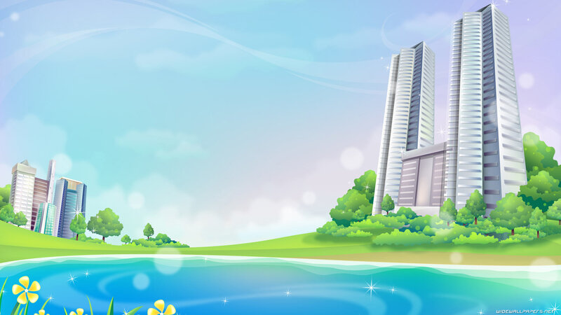 Cityscape with skyscrapers and lake