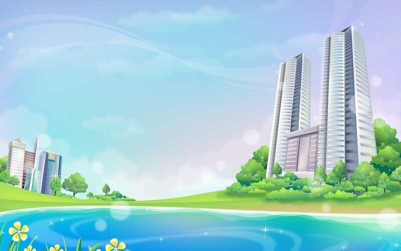 Cityscape with skyscrapers and lake