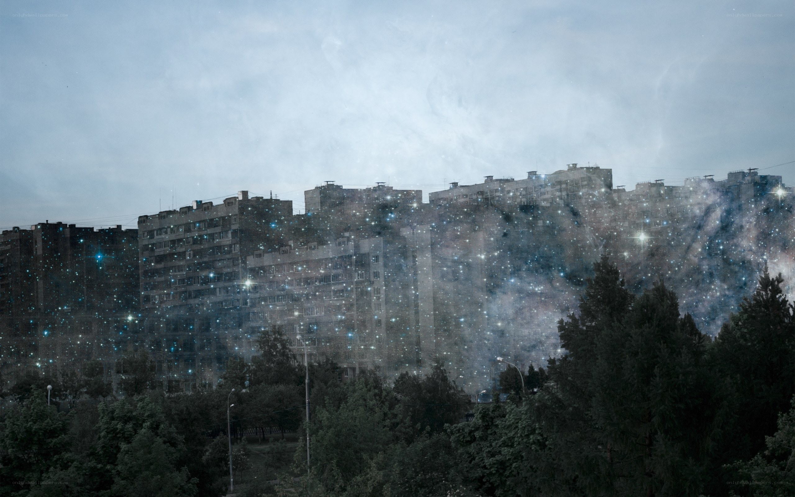 Cityscape with starry overlay