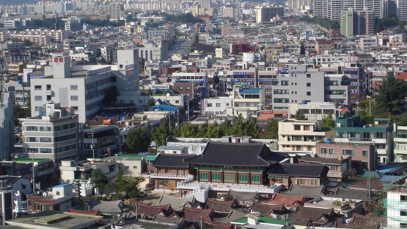 Cityscape with traditional Korean buildings