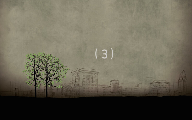 Cityscape with tree and number three