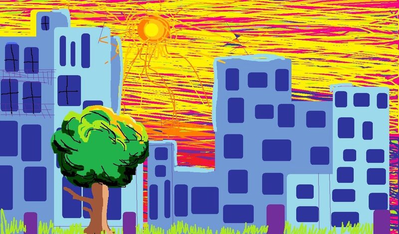 cityscape with tree and sun