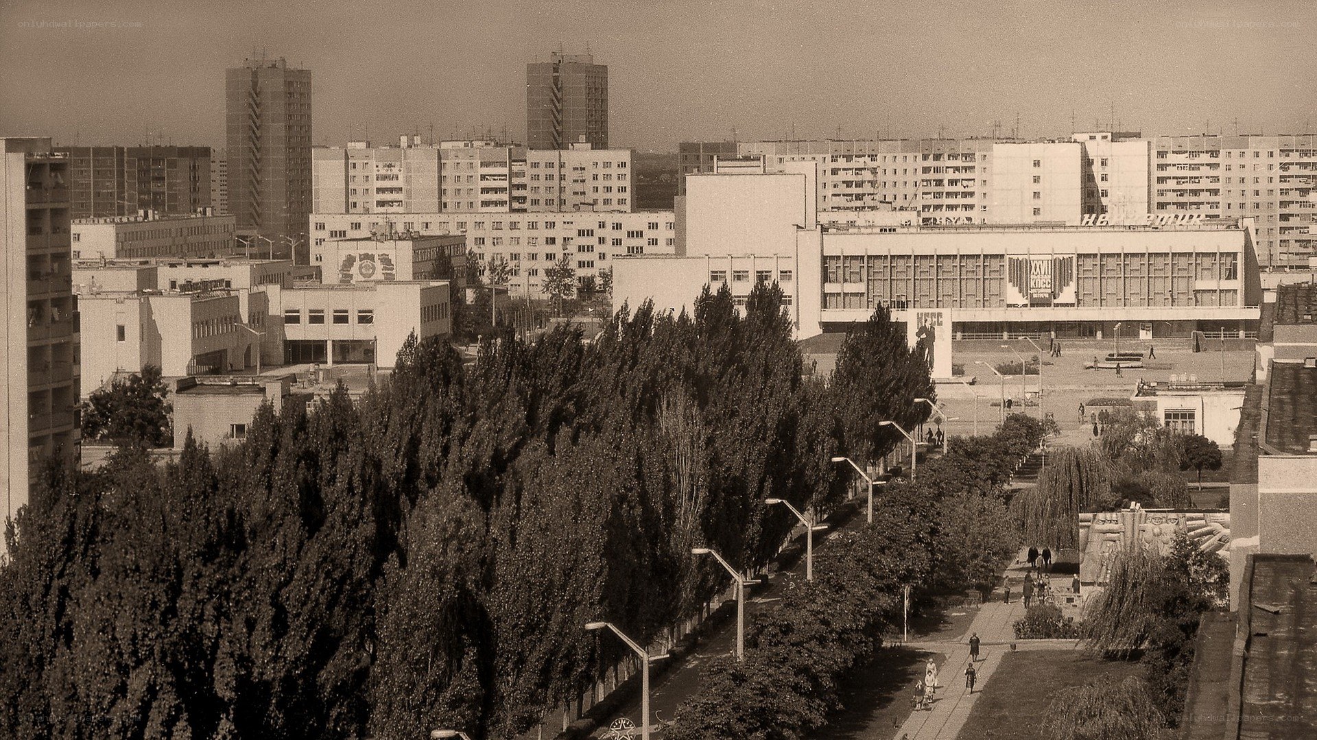Cityscape with trees and buildings