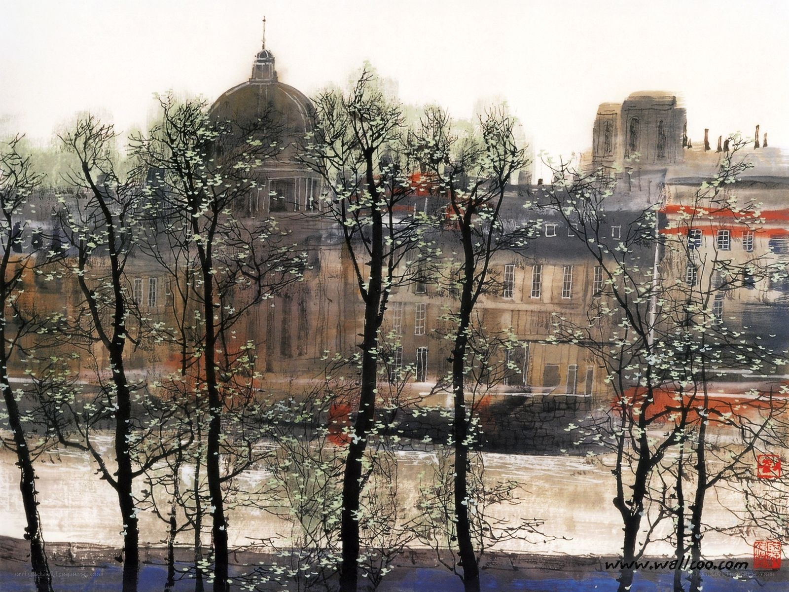 Cityscape with trees and dome