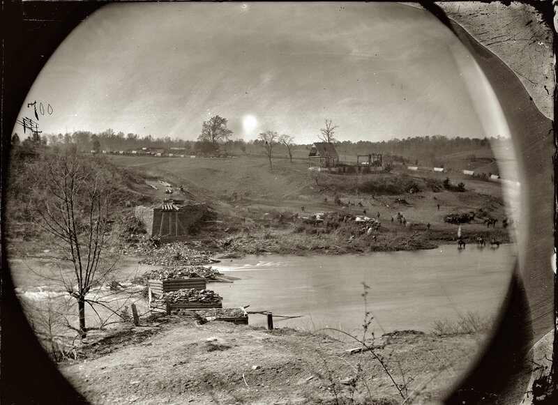 Civil War encampment by river