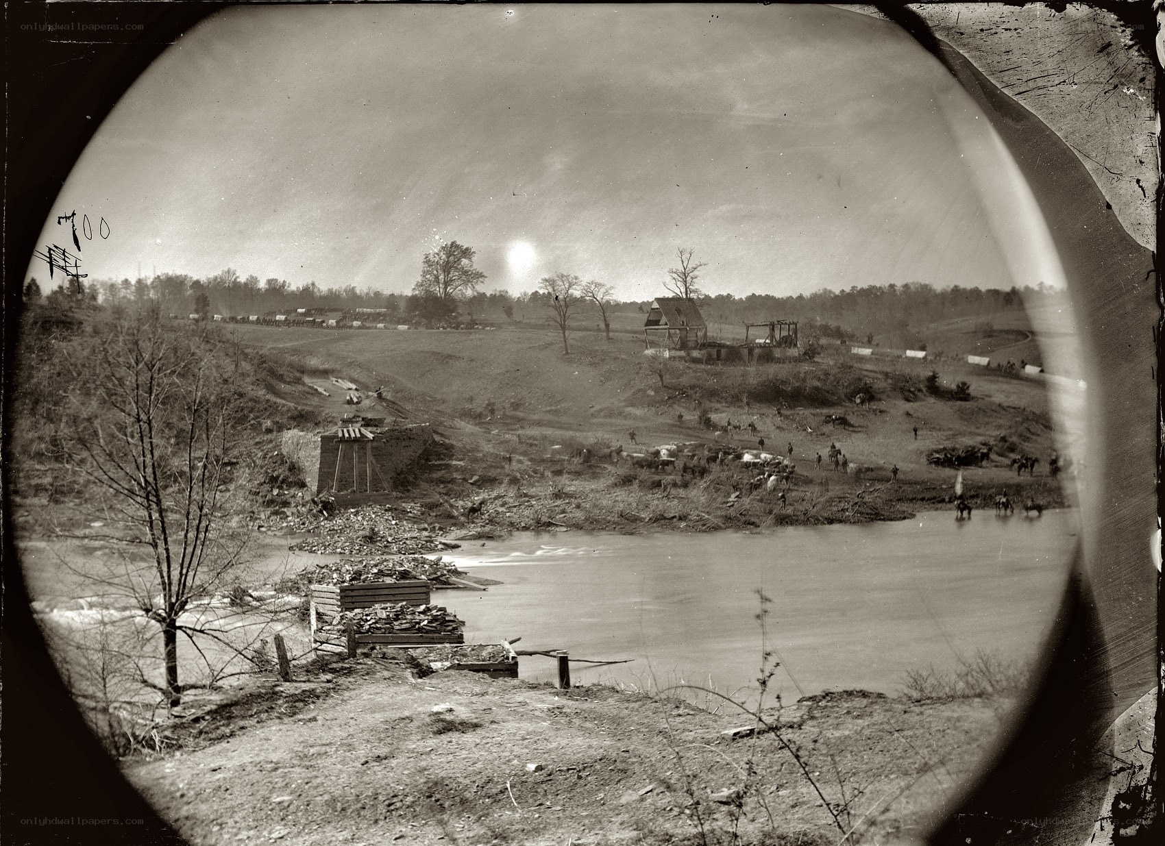 Civil War encampment by river