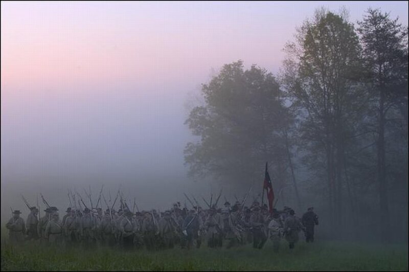 Civil War reenactment in fog
