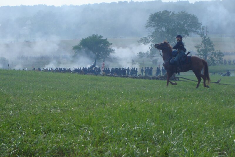 Civil War reenactment on a battlefield