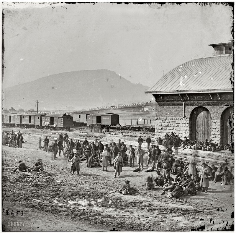 Civil War soldiers at a train station