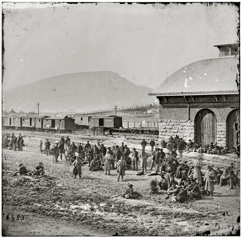 Civil War soldiers at rail yard
