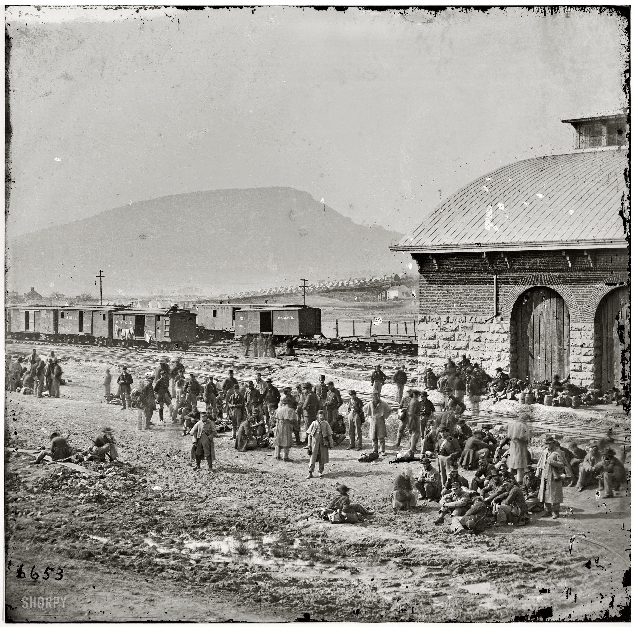 Civil War soldiers at rail yard