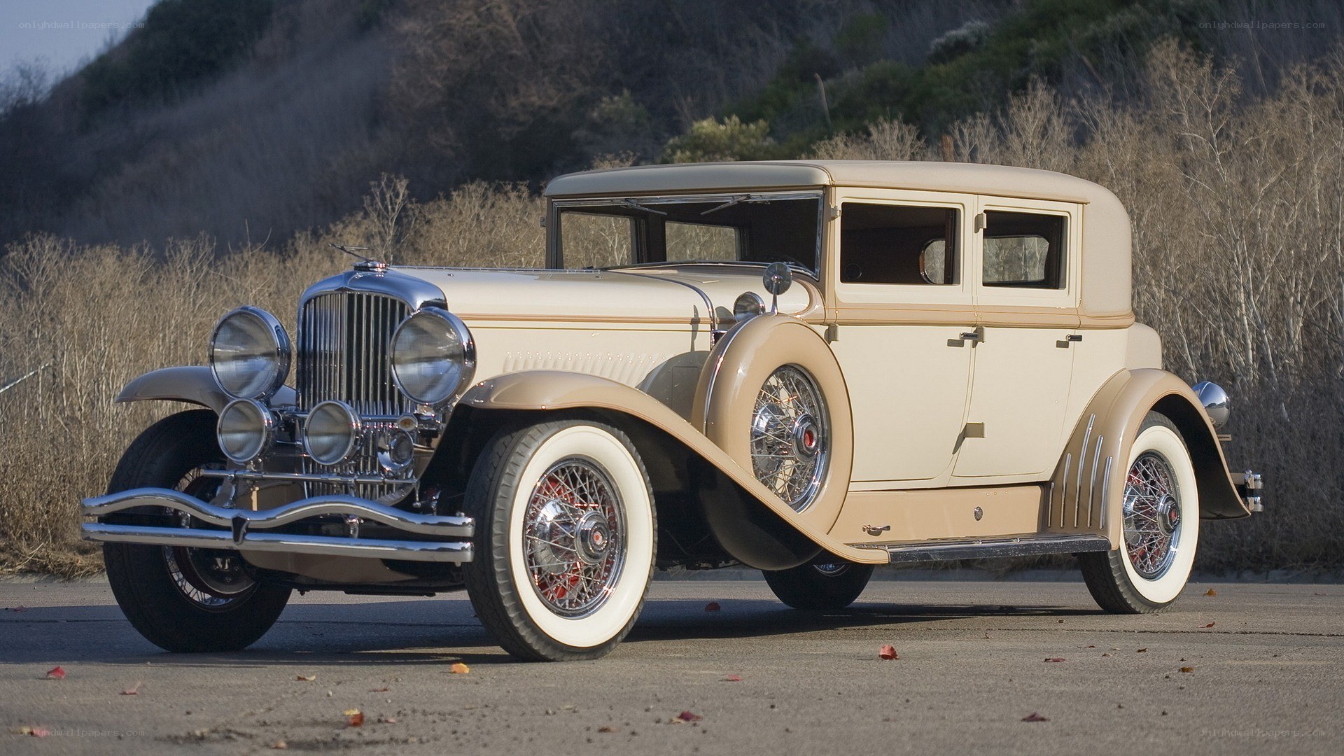 Classic beige car on road