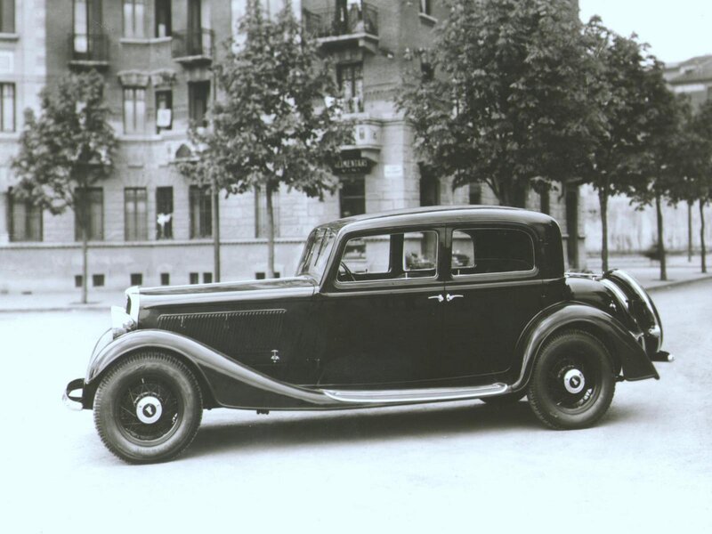Classic black sedan on city street