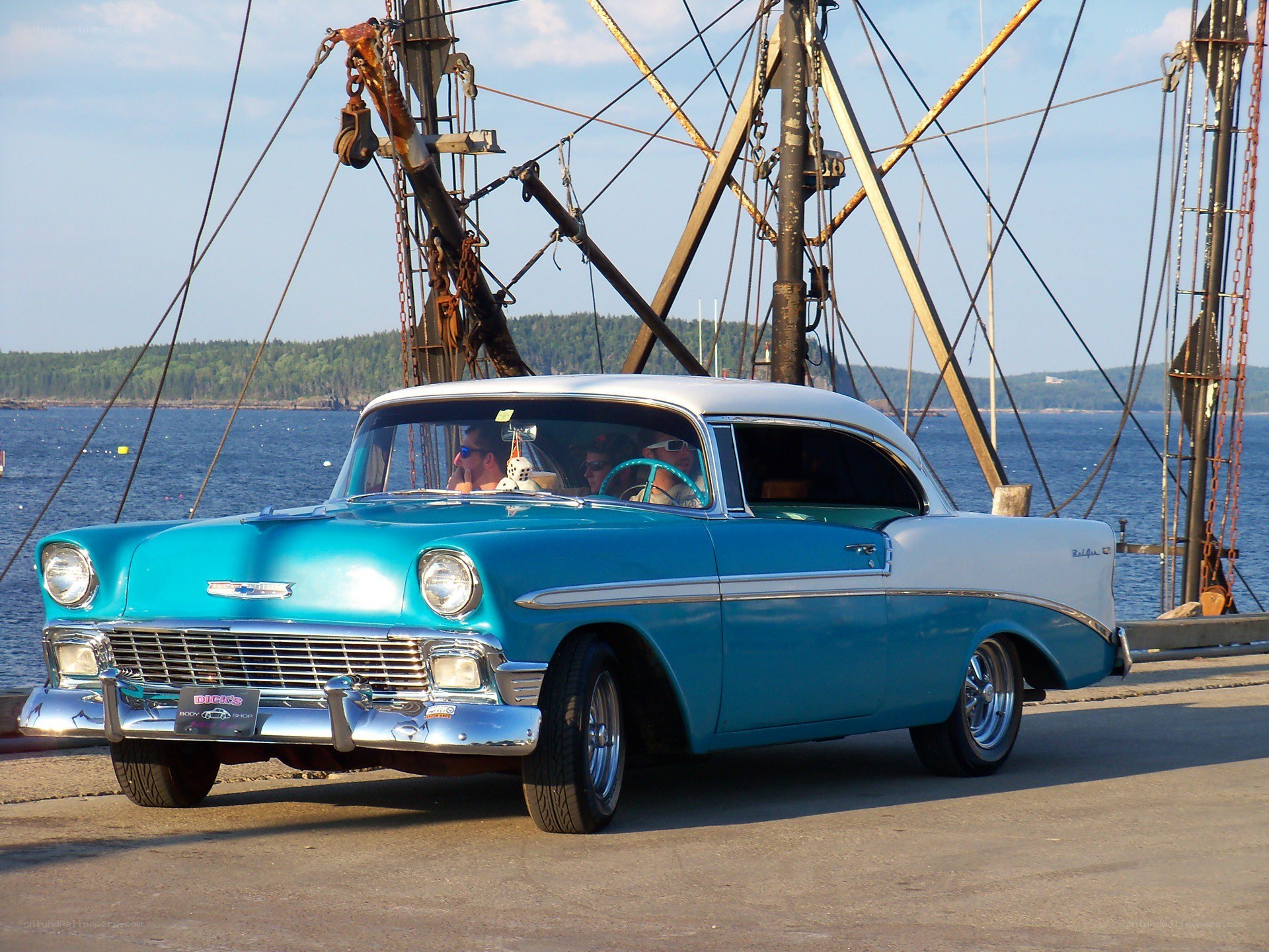 Classic blue car at the harbor